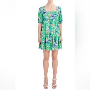 BCBG Paris Babydoll Floral Cottage Puff Sleeve Mini Dress XS Green Feminine